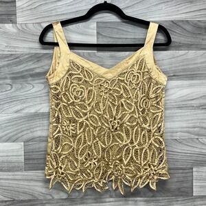 Soulmates Cami Top Women's M‎ Golden Floral Embroidery Sleeveless Scalloped Hem